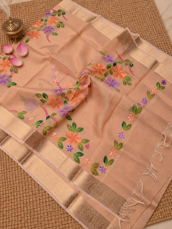 Indiehaat | Kota Doria Semi Silk Saree Hand Painting Peach