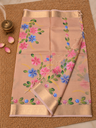 Rangini Kota Doria Semi Silk Hand-Painted Saree Salmon Pink