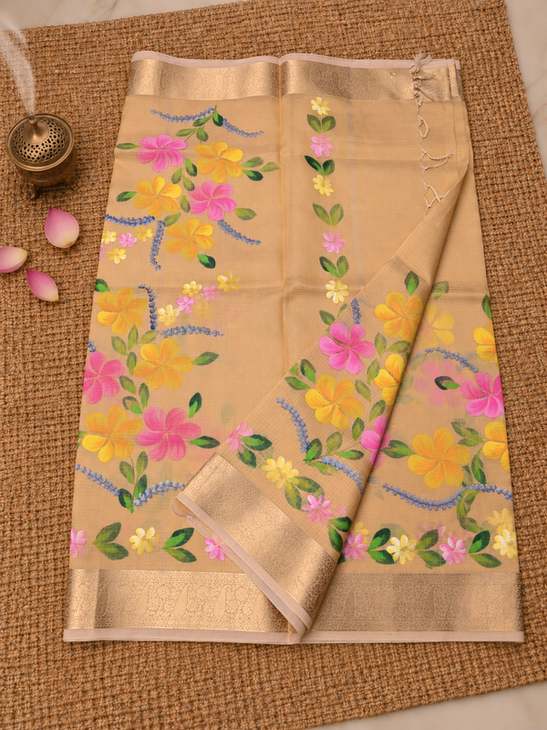 Indiehaat | Kota Doria Semi Silk Saree Hand Painting Gold