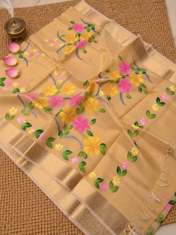 Indiehaat | Kota Doria Semi Silk Saree Hand Painting Gold