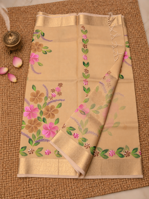 Indiehaat | Kota Doria Semi Silk Saree Hand Painting Beige