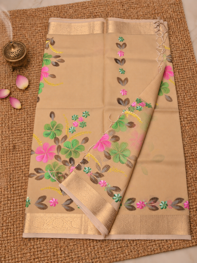 Rangini Kota Doria Semi Silk Hand-Painted Saree Warm Beige
