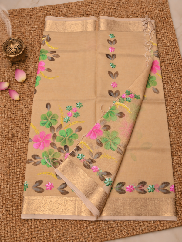 Indiehaat | Kota Doria Semi Silk Saree Hand Painting Beige