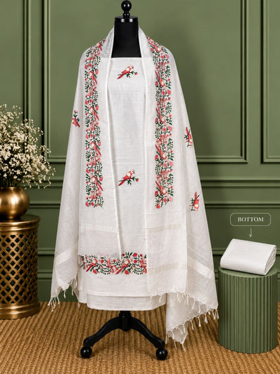 Gulshan Pure Linen Embroidered Suit (T+B+D) Off White