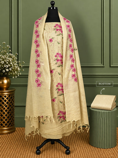 Gulshan Pure Linen Embroidered Suit (T+B+D) Beige