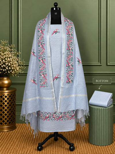 Gulshan Pure Linen Embroidered Suit (T+B+D) Light Blue