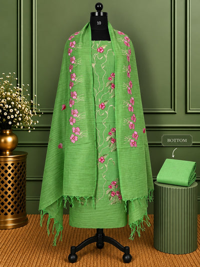 Gulshan Pure Linen Embroidered Suit (T+B+D) Leaf Green