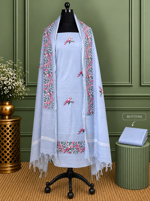 Indiehaat | Pure Linen Embroidered Suit Set Blue