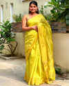 Silkmark Certified Moonga Tussar Silk Himalaya Yellow Saree with Running Blouse Handcrafted-Indiehaat