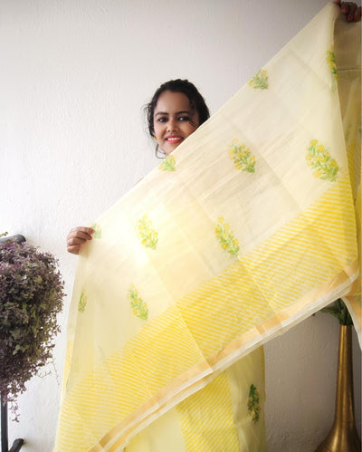 Textured Kota Doria Yellow Suit Handblock Print