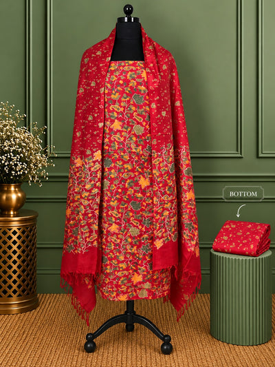 Sunehri Katan Silk Hand Block Printed Suit (T+B+D) Ruby Red