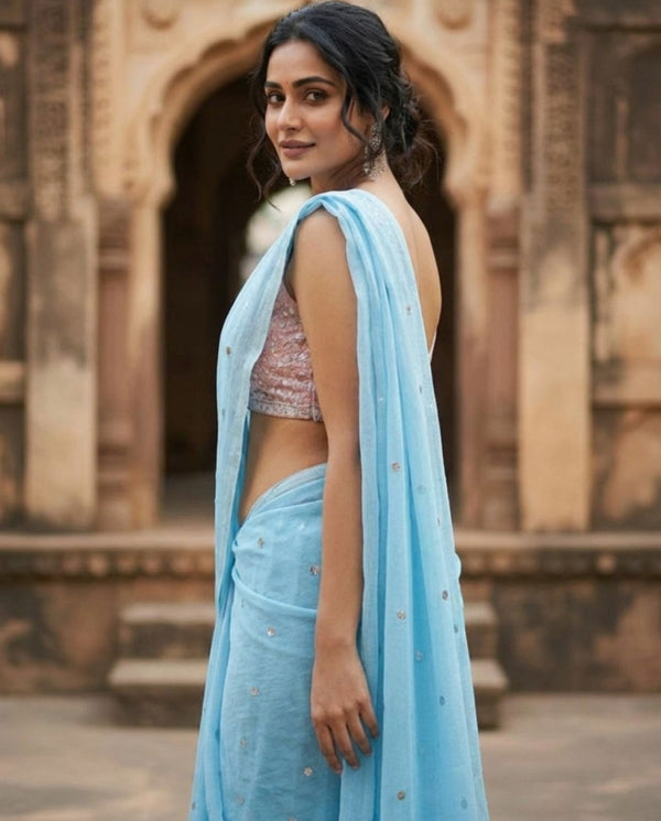 Indiehaat | Pure Mul Cotton Sequin Saree Blue