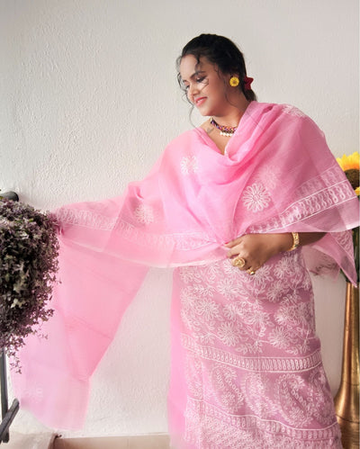 Embroidered Kota Doria Suit Pink (Top+Dupatta+Bottom)