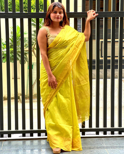 Silkmark Certified Moonga Tussar Silk Himalaya Yellow Saree with Running Blouse Handcrafted-Indiehaat