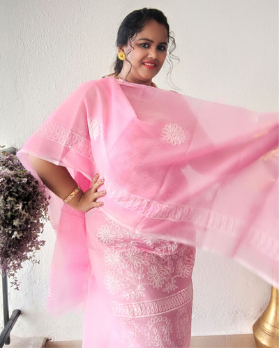 Embroidered Kota Doria Suit Pink (Top+Dupatta+Bottom)