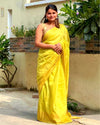 Silkmark Certified Moonga Tussar Silk Himalaya Yellow Saree with Running Blouse Handcrafted-Indiehaat