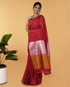 Silk Linen Plain Saree Red Color with contrast border and attached Running Blouse-Indiehaat