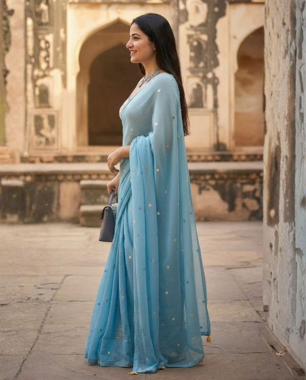 Indiehaat | Pure Mul Cotton Sequin Saree Blue