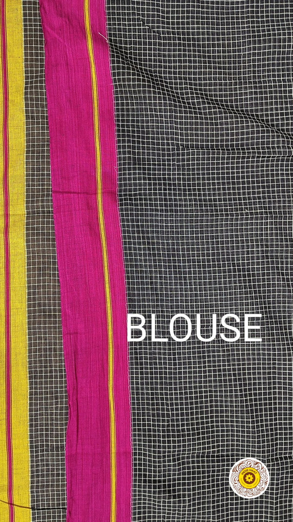 Patteda Anchu Handloom Mark Certified Pure Cotton Black Saree with Running Blouse-Indiehaat