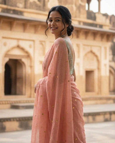 Indiehaat | Pure Mul Cotton Sequin Saree Peach