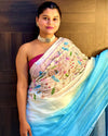 Surreal Pure Linen Saree Hand Embroidered White & Blue