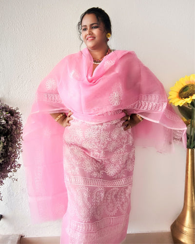 Embroidered Kota Doria Suit Pink (Top+Dupatta+Bottom)