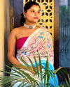 Surreal Pure Linen Saree Hand Embroidered White & Blue