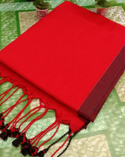 Pure Handloom Mul Cotton Red Saree 120 Count (Without Blouse)-Indiehaat