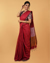 Silk Linen Plain Saree Red Color with contrast border and attached Running Blouse-Indiehaat