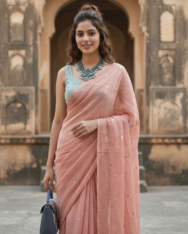 Indiehaat | Pure Mul Cotton Sequin Saree Peach