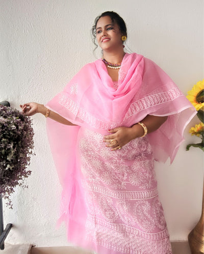 Embroidered Kota Doria Suit Pink (Top+Dupatta+Bottom)