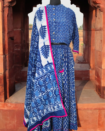 Indiehaat | Cotton Lehanga Blue Blockprinted Mulmul Dupatta