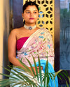 Surreal Pure Linen Saree Hand Embroidered White & Blue