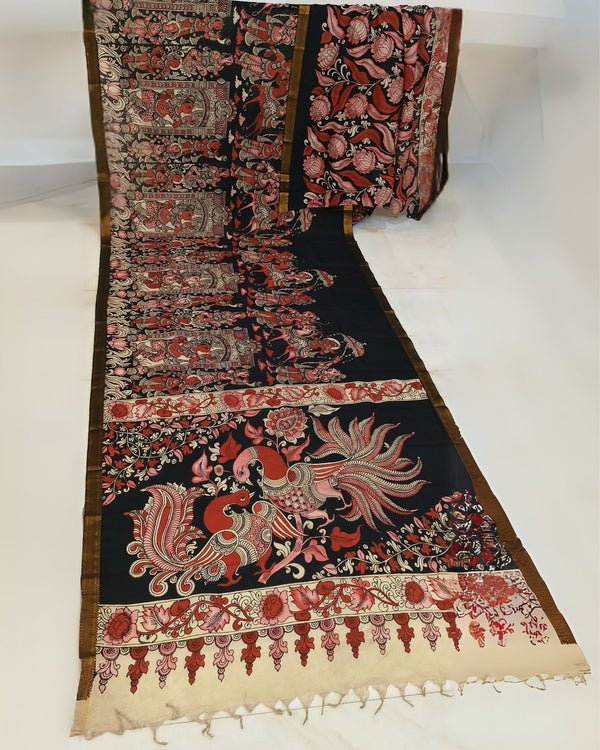 Indiehaat | Mangalagiri Handpainted Silk Saree Black