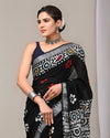 Indiehaat | Linen Saree Black Color Kalamakari Handblock Printed With Running Blouse