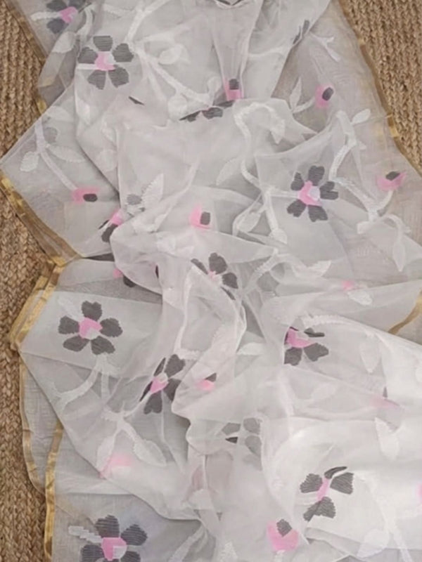 Indiehaat | Pure Muslin Silk Jamdani Saree White