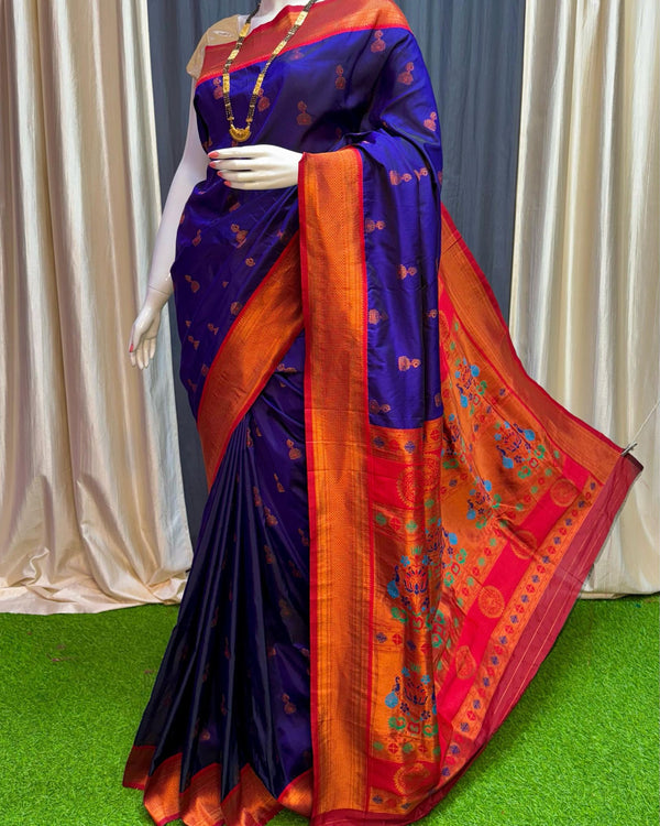 Indiehaat | Paithani Silk Meenakari Buti Embroidery Saree Violet