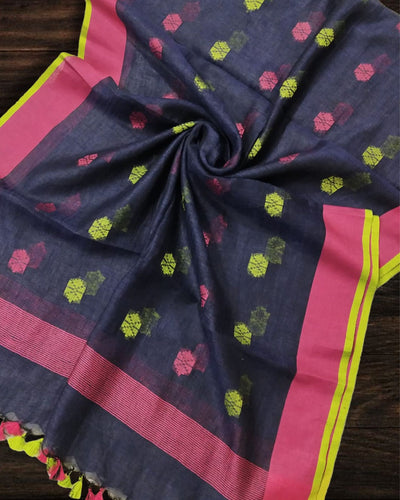 Indiehaat | Pure Linen Indigo Dupatta With Weaving Flower Pattern