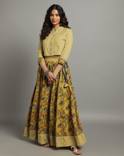 Indiehaat | Blockprinted Cotton Yellow Stitched Lehanga