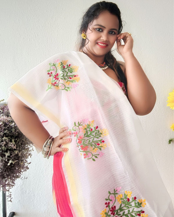 Kota Doria Red Suit Material 2 Piece Embroidered (Only Top and Dupatta)-Indiehaat