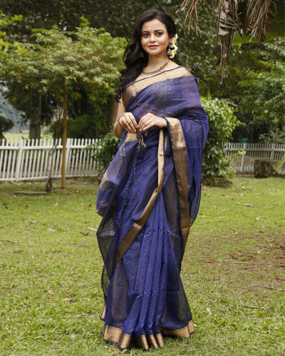 Indiehaat | Maheshwari Silk SareeRoyal Blue Color Check Design with Running Blouse