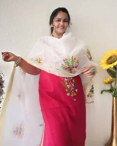 Kota Doria Red Suit Material 2 Piece Embroidered (Only Top and Dupatta)-Indiehaat