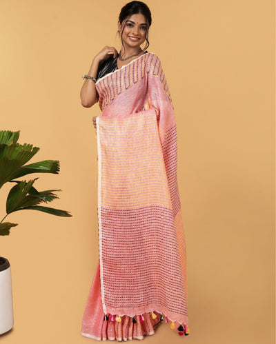 Whispering Pure Linen Kantha Work Peach Saree