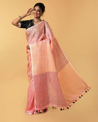 Whispering Pure Linen Kantha Work Peach Saree