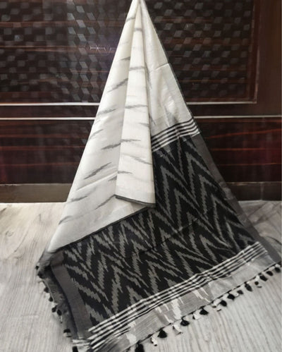 Chic Ikkat Slub Linen Handloom White Black Saree