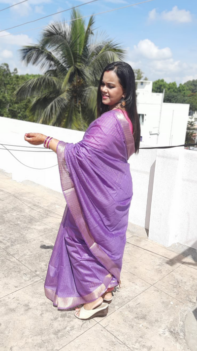 Katan Silk Purple Saree Striped Design with Running Blouse Handcrafted-Indiehaat