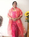 Lovable Kota Doria Embroidered Suit (T+B+D) Material Red With Pink Dupatta
