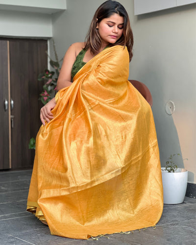 Gleaming Pure Tissue Linen Yellow Handdyed Saree