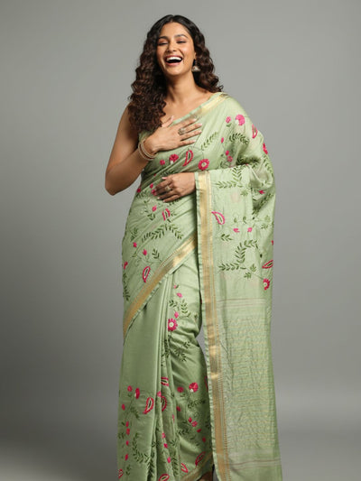 Mysterious Silk Linen Embroidered Green Saree