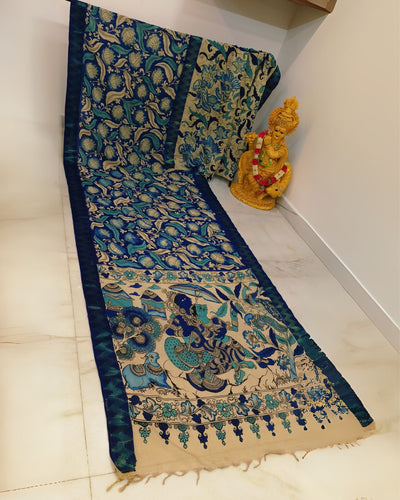 Indiehaat | Mangalagiri Handpainted Silk Saree Dark Blue